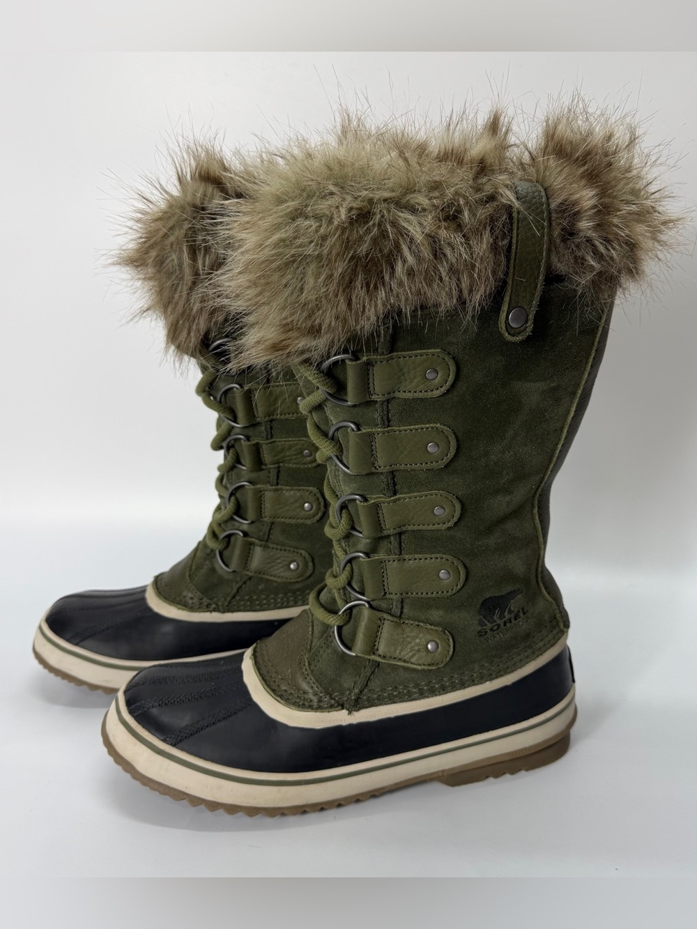 SOREL Joan of Arctic Waterproof Winter Boots Womens 9 Nori Green Faux Fur